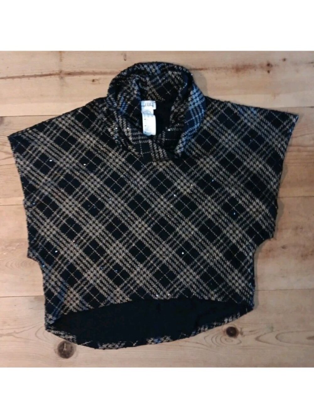 VTG Joseph Ribkoff Women XL Sweater Poncho Top Cowl Neck Short Sleeve Gold Plaid